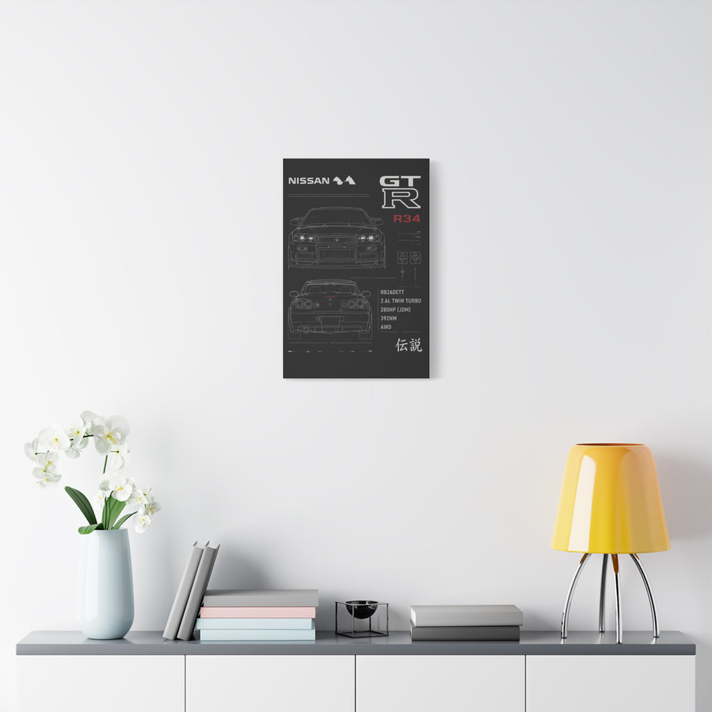 Nissan GT-R R34 Blueprint Matte Canvas Print