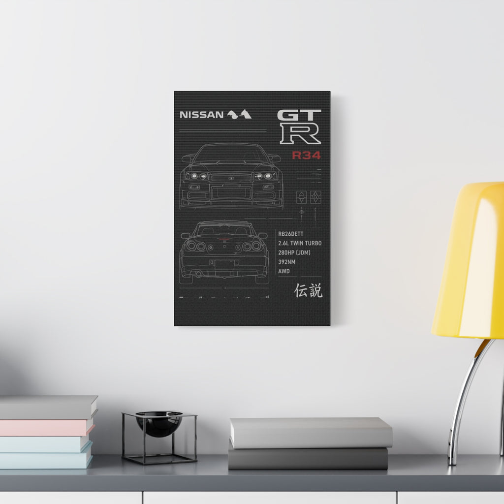 Nissan GT-R R34 Blueprint Matte Canvas Print