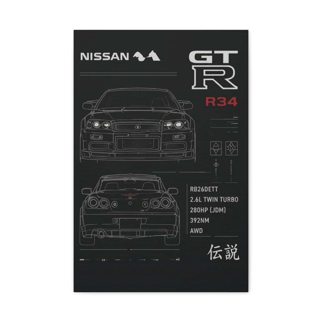 Nissan GT-R R34 Blueprint Matte Canvas Print