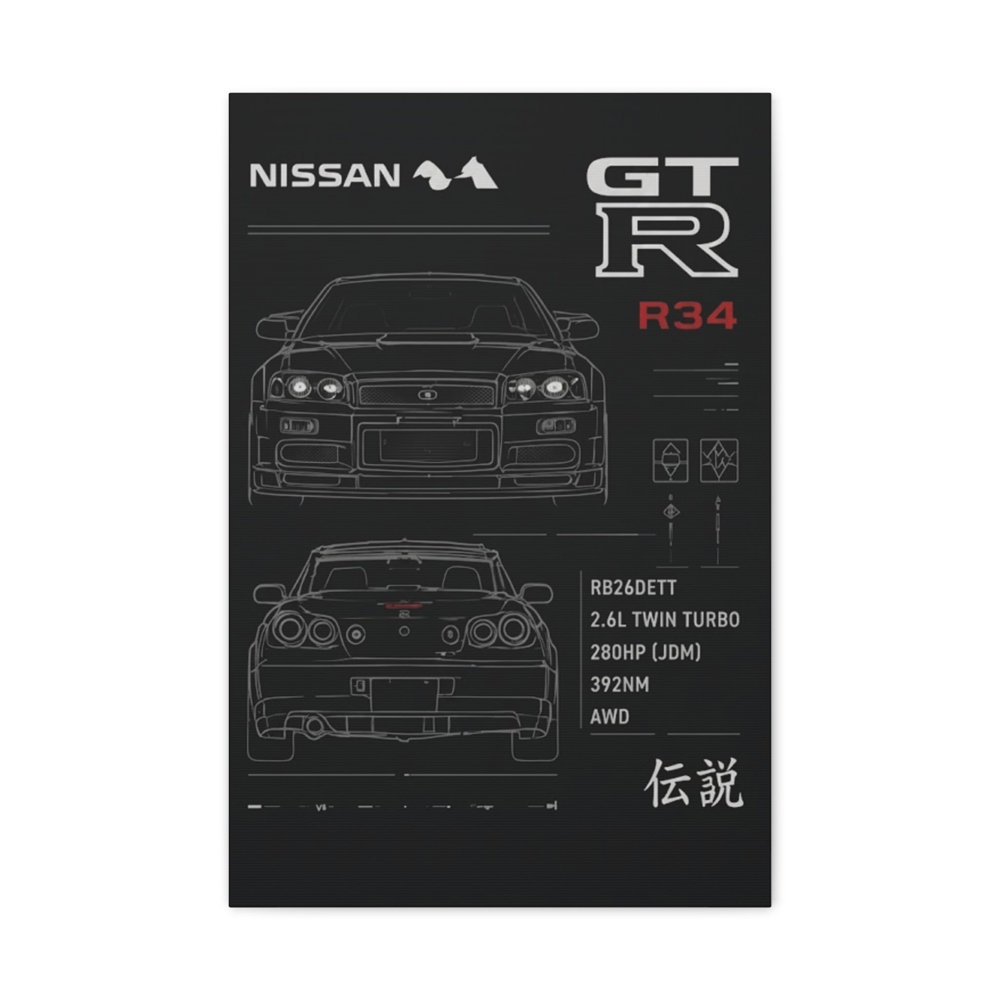 Nissan GT-R R34 Blueprint Matte Canvas Print