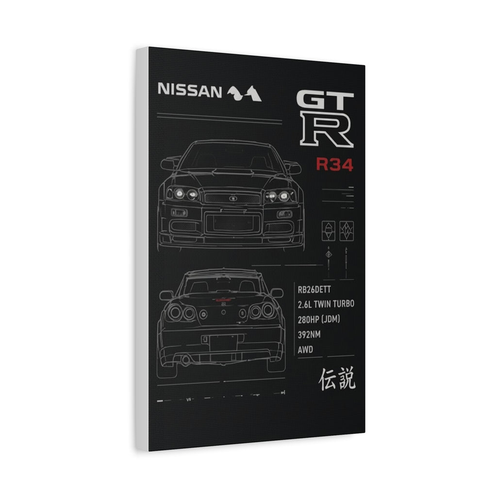 Nissan GT-R R34 Blueprint Matte Canvas Print