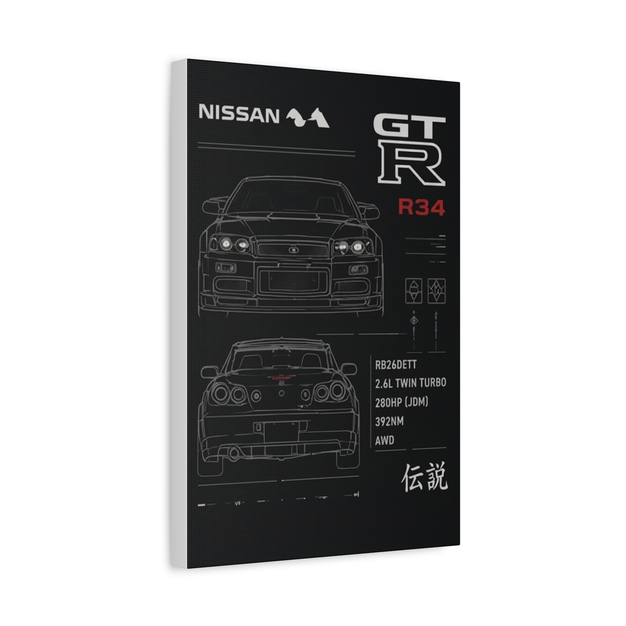 Nissan GT-R R34 Blueprint Matte Canvas Print