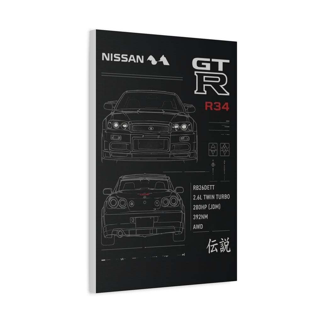 Nissan GT-R R34 Blueprint Matte Canvas Print
