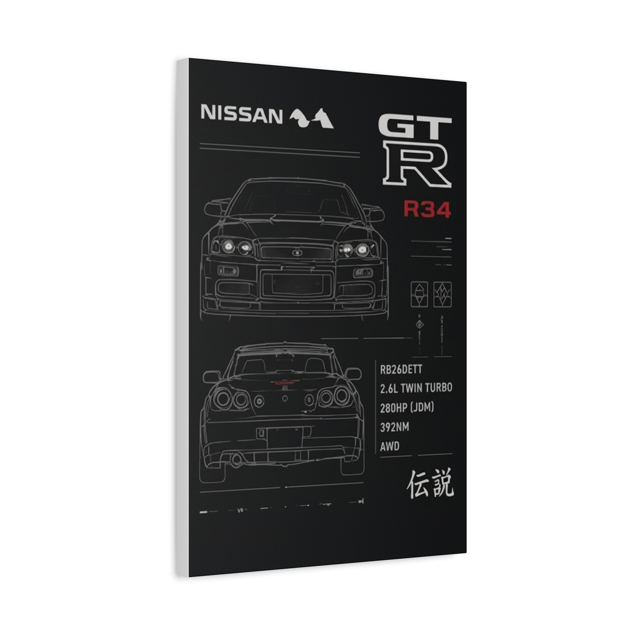 Nissan GT-R R34 Blueprint Matte Canvas Print