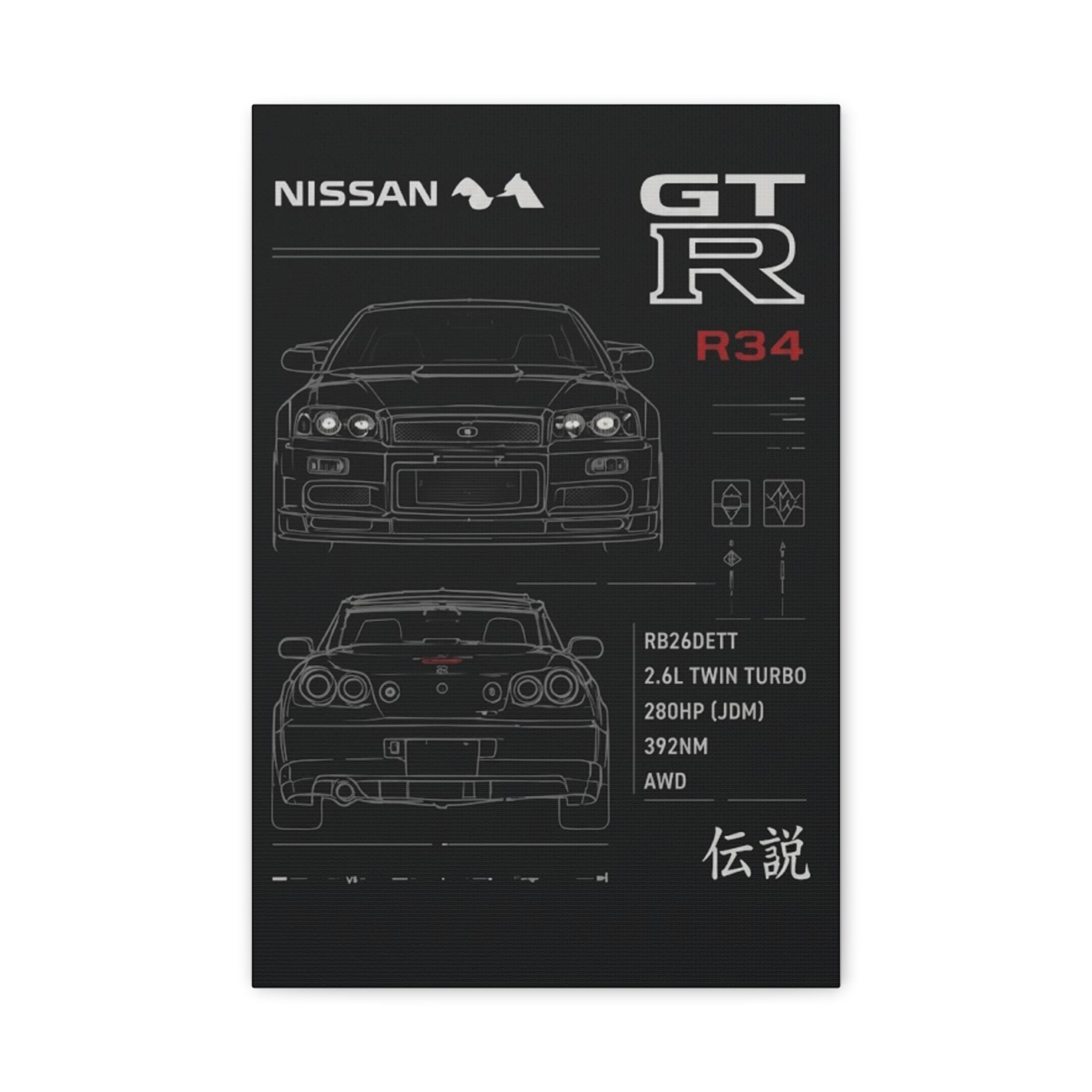 Nissan GT-R R34 Blueprint Matte Canvas Print
